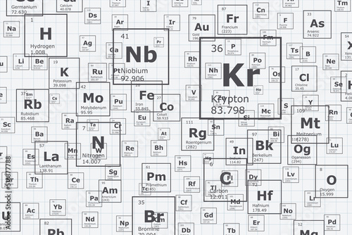 Background of the chemical elements of the periodic table, atomic number, atomic weight, name and symbol of the element on a grid sheet