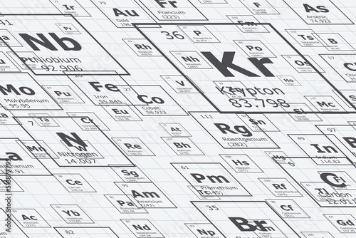 Background in perspective of the chemical elements of the periodic table, atomic number, atomic weight, name and symbol of the element on a grid sheet background