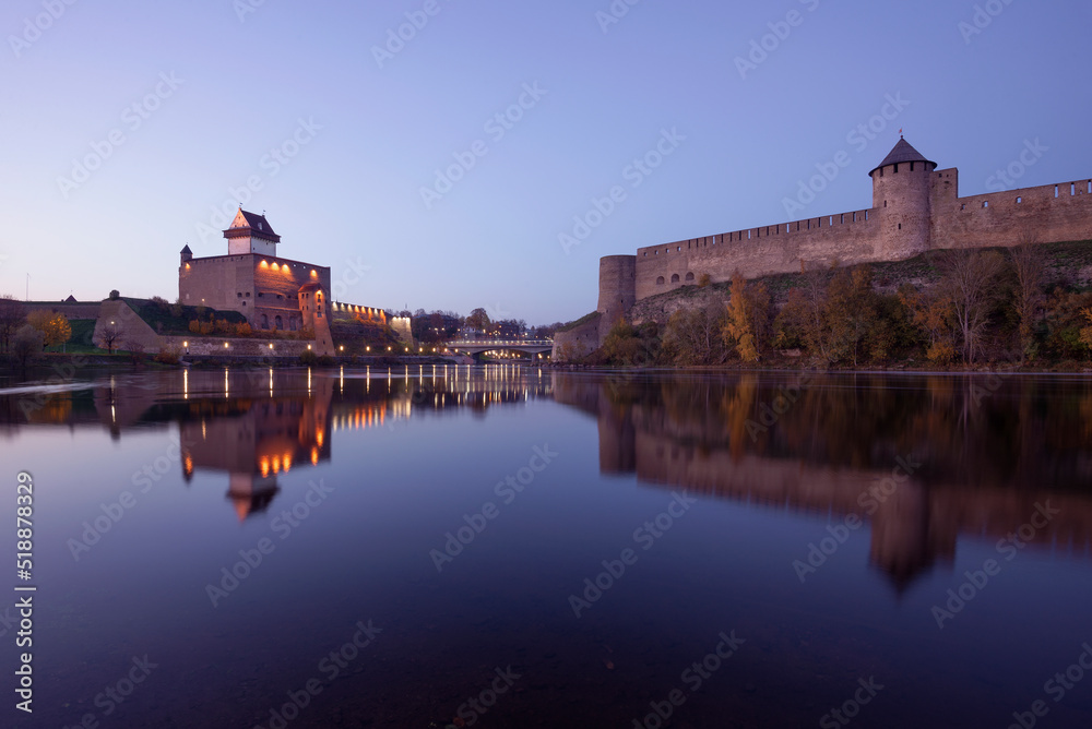 Quiet October evening on the border river of Narva. Estonian-Russian border