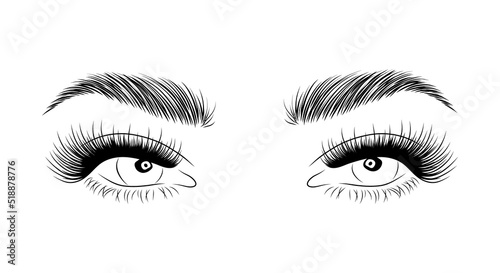 Realistic lashes on white background. Female woman with open eyes and brows icon. Lamination and extension eyelashes. Beauty studio logo. Linear vector Illustration in trendy minimalist style.