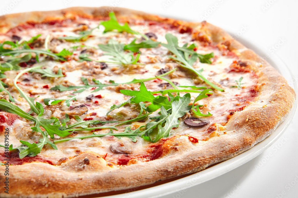 Pizza with Tuna, Olives and Arugula Side View Isolated Pizza with Tuna, Olives and Arugula Side View Isolated