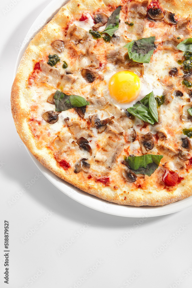 Pizza with Mushrooms, Bacon and Egg in Restaurant Plate Isolated