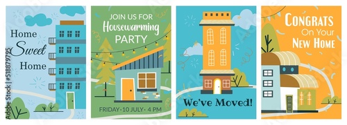 New home celebration, colorful postcard design set