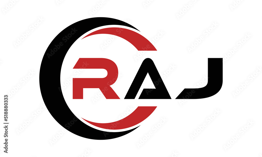 RAJ three letter swoosh logo design vector template | monogram logo | abstract logo | wordmark logo | letter mark logo | business logo | brand logo | flat logo | minimalist logo | text | word | symbol - obrazy, fototapety, plakaty 