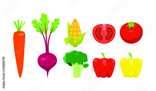 Fototapeta Naklejka Na Ścianę i Meble -  set of vegetables vector icon, corn, tomato, carrot, Pepper, broccoli, beet, eggplant. Healthy
