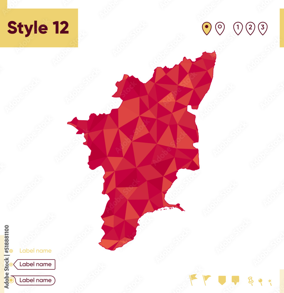 Tamil Nadu, India - red low poly map, polygonal map. Outline map. Vector illustration.