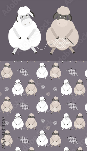 Image of two sheep knitting on knitting needles .plus a cute pattern