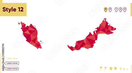 Malaysia - red low poly map, polygonal map. Outline map. Vector illustration.