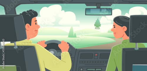Happy married couple is traveling by car. Man and woman inside the vehicle rear view. Vector illustration