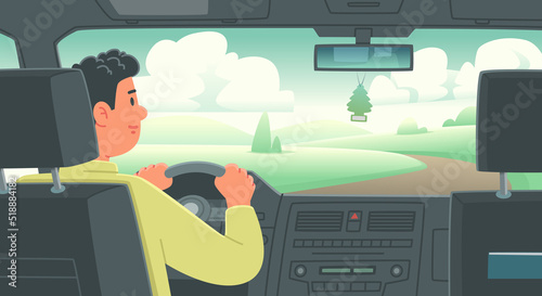 Happy man driving a car rear view. Trip out of town or on business. Vector illustration