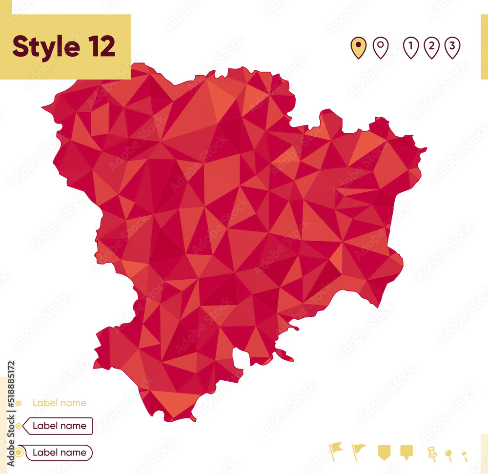 Volgograd Region, Russia - red low poly map, polygonal map. Outline map. Vector illustration. Volgograd Region, Russia - red low poly map, polygonal map. Outline map. Vector illustration.