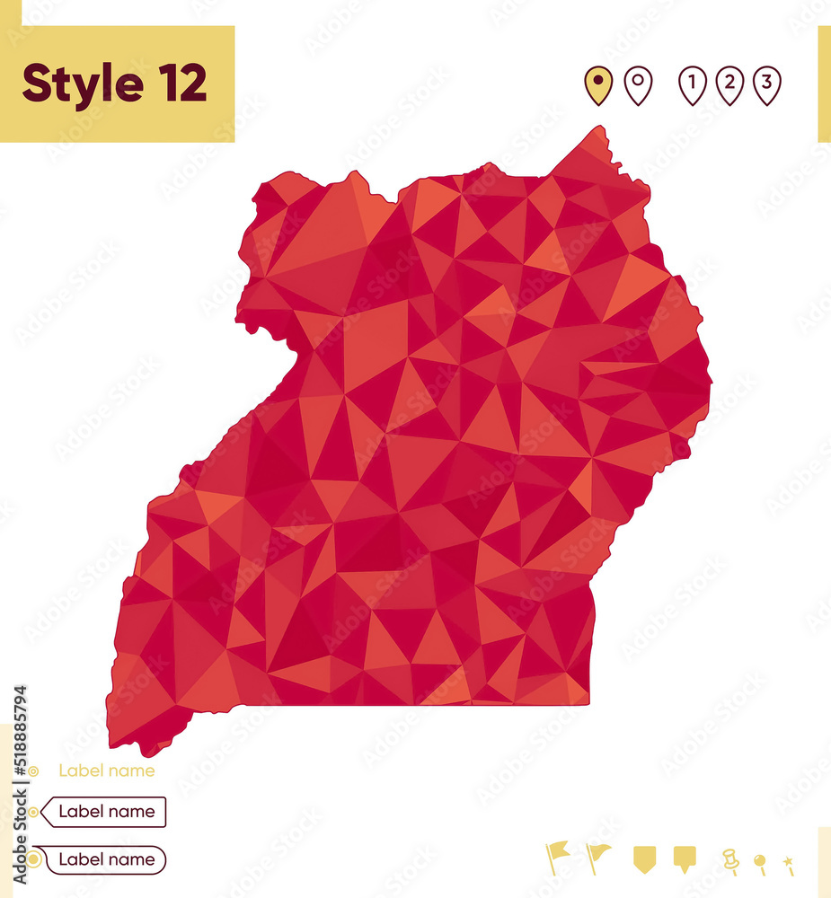 Uganda - red low poly map, polygonal map. Outline map. Vector illustration. Uganda - red low poly map, polygonal map. Outline map. Vector illustration.