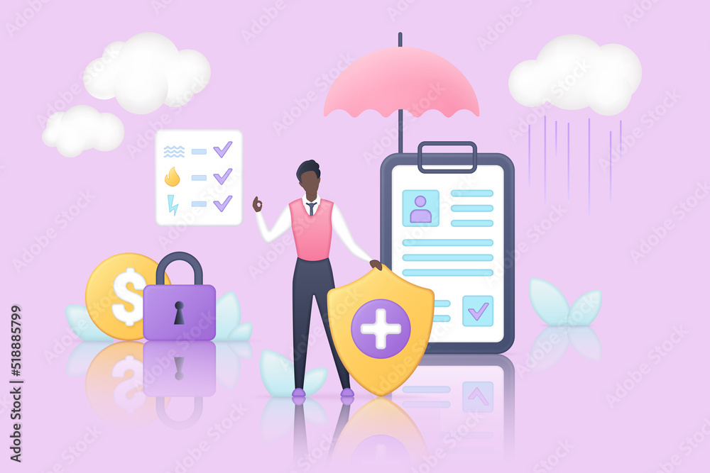 Umbrella, claim document and tiny employee holding medical shield to protect health and life