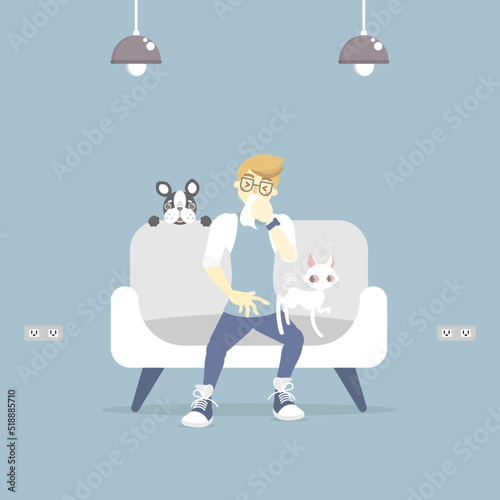 man coughing, sneezing, having allergic to pet with cat and dog, fur and wool allergy concept, flat vector illustration character design clip art