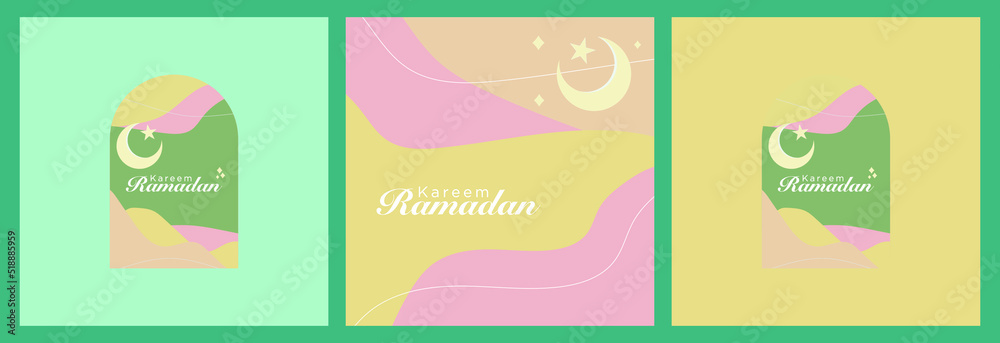 Design for Ramadan Kareem Pastel color are used in a modern art setting. templates for abstract art including the moon, stars, and dunes in the desert. the banner or poster a website or social media