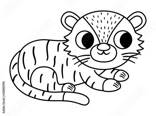 Vector black and white Bengal tiger icon. Endangered species illustration. Cute extinct animal isolated on white background. wild animal line illustration for kids. Nature protection coloring page
