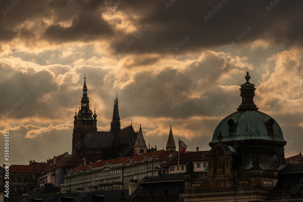 Disturbing sunset sky over the historical center of the capital of the Czech Republic - the city of Prague