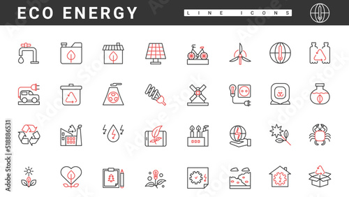 Green eco energy, thin red and black line icons set vector illustration. Abstract industry technology to save and clean planet ecology, recycle pollution and manage sustainable resources, bio fuel