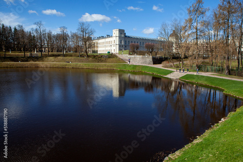 Picturesque view of the Great Gatchina Palace and Karpin Pond. Palace park. Gatchina. Leningrad region. Russia