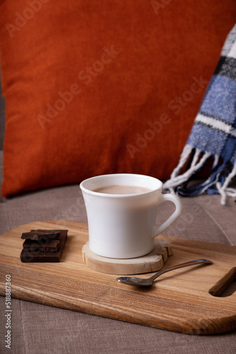 Autumn mood composition with cup of cocoa and chocolate, plaid and books on sofa background. Hot drink in autumn concept