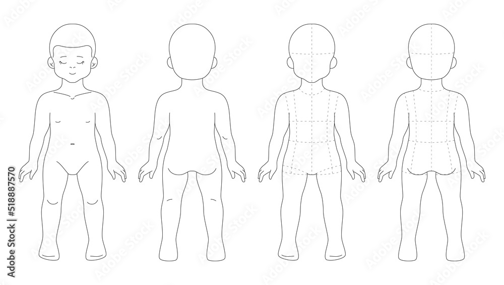 2-4 years toddler figure for kidswear flat sketch. Fashion template of baby  body. Child mannequin in lines. Front and back view with markups Stock  Vector | Adobe Stock