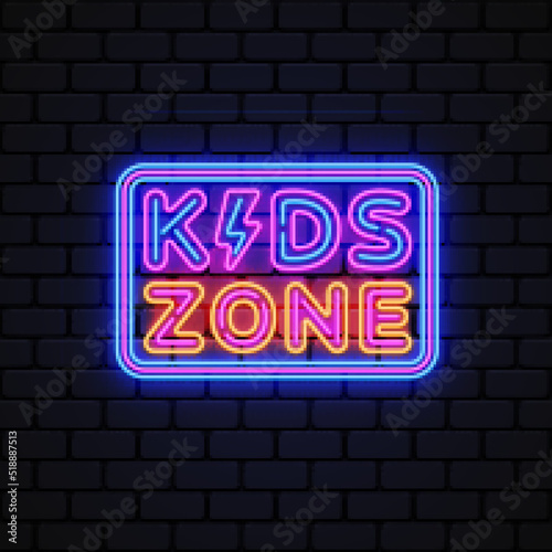 Kids zone neon for game background design. Neon label. Cartoon flyer with kids zone neon on light background. Vector illustration design