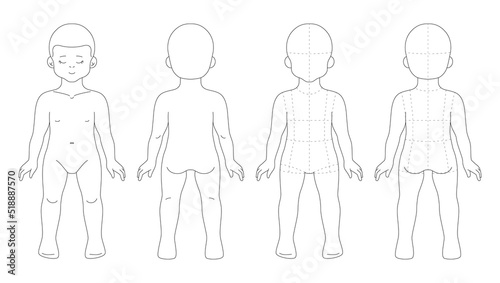 2-4 years toddler figure for kidswear flat sketch. Fashion template of baby body. Child mannequin in lines. Front and back view with markups
