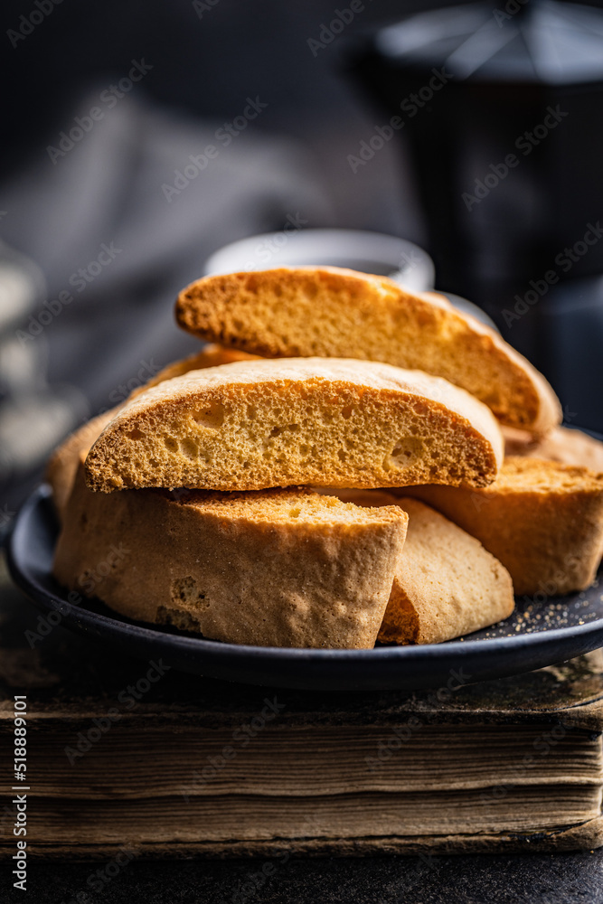 Sweet anicini cookies. Italian biscotti with anise flavor on plate. Sweet anicini cookies. Italian biscotti with anise flavor on plate.