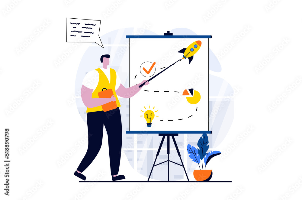 Strategic planning concept with people scene in flat cartoon design. Man develops strategy and route for development of workflows new startup, generates ideas. Vector illustration visual story for web