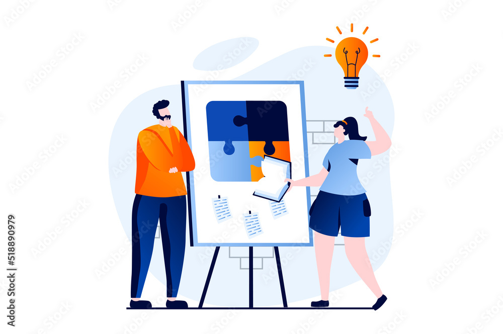 Teamwork concept with people scene in flat cartoon design. Man and woman creating new ideas for business, planning and develop strategy, working together. Vector illustration visual story for web