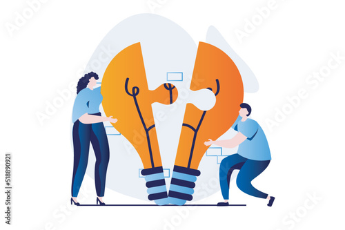 Teamwork concept with people scene in flat cartoon design. Man and woman brainstorming, creating new solving and optimize processes, working in team together. Vector illustration visual story for web