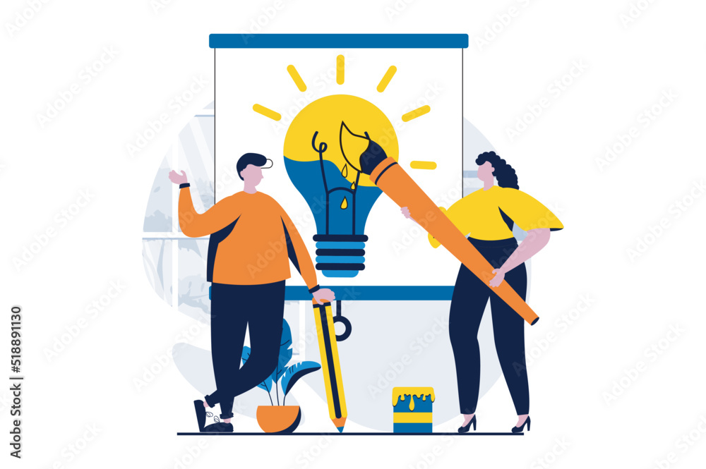Teamwork concept with people scene in flat cartoon design. Man and woman working as artist together, generating creative ideas, drawing and discussing tasks. Vector illustration visual story for web