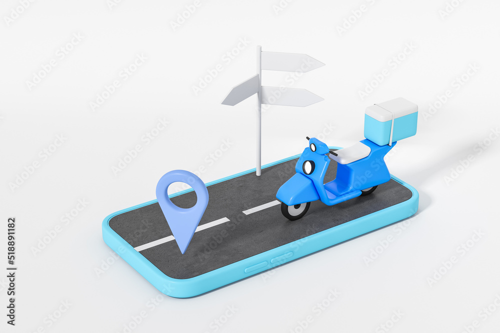 Delivery service scooter on phone screen with a road pointer. Mockup