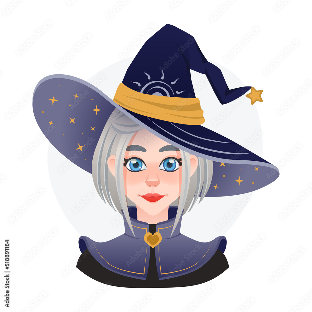Pretty stargazer witch avatar for game or advertising. Halloween magician girl with big hat with space. Ancient dress