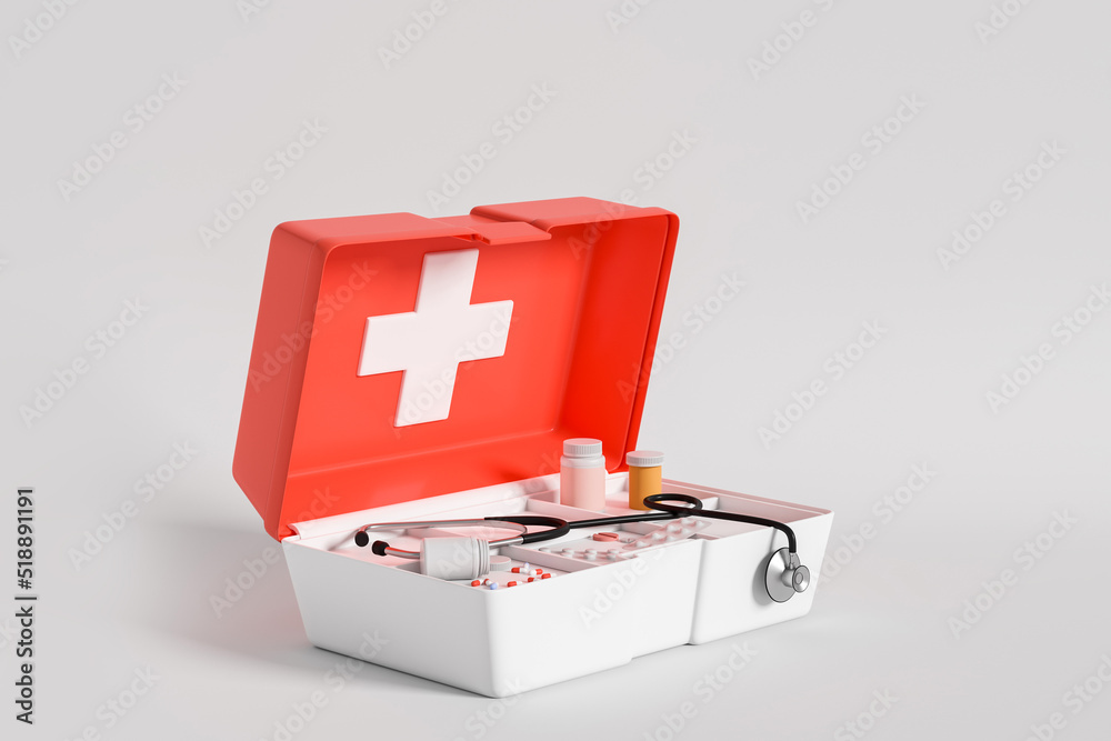 Open first aid kit, treatment and health - obrazy, fototapety, plakaty 