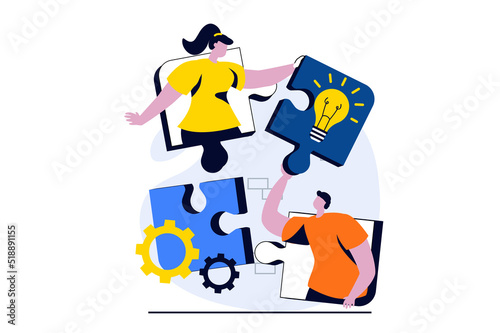 Teamwork concept with people scene in flat cartoon design. Man and woman working together, generating creative ideas, optimize and settings business process. Vector illustration visual story for web