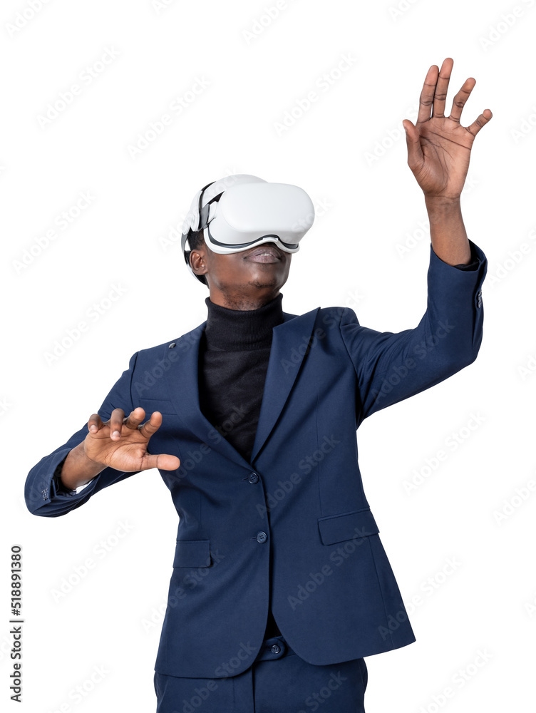 Black businessman working in vr headset isolated over white background Black businessman working in vr headset isolated over white background