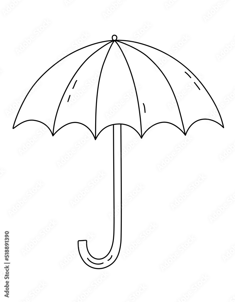 Vector Sketch Open Umbrella. Cute Umbrella Сane with handle. Hand draw illustration in cartoon doodle style. Black lines isolated on a white background. Contour drawing. Vector Sketch Open Umbrella. Cute Umbrella Сane with handle. Hand draw illustration in cartoon doodle style. Black lines isolated on a white background. Contour drawing.