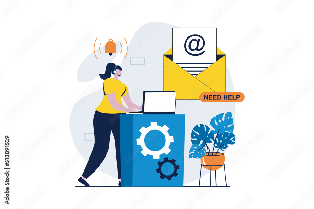 Technical support concept with people scene in flat cartoon design. Woman in headset works on laptop, responds to emails and messages and consults clients. Vector illustration visual story for web