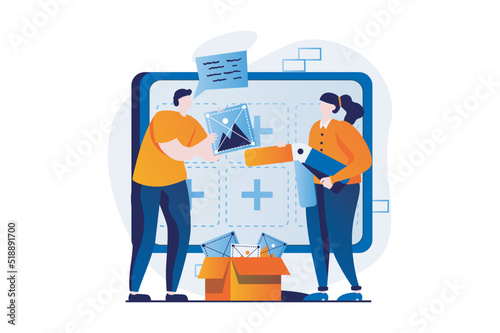 Ui ux design concept with people scene in flat cartoon design. Man and woman create elements for user interface, place buttons on layout for applications. Vector illustration visual story for web