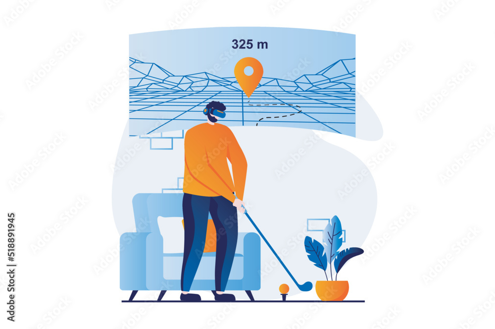 Virtual reality concept with people scene in flat cartoon design. Man in VR glasses playing virtual golf in cyberspace, gaming and cyber sport competition. Vector illustration visual story for web