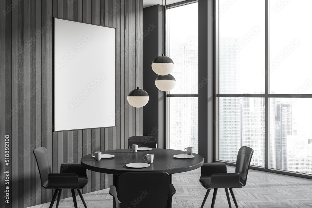 Grey eating room interior with table and chairs, panoramic window. Mockup frame Grey eating room interior with table and chairs, panoramic window. Mockup frame