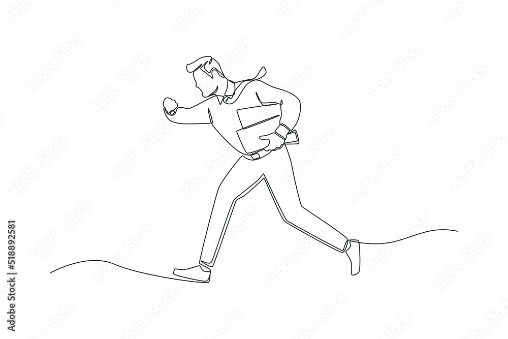 Continuous one line drawing businessman checking time in his hand, running and late for his business appointment. Late concept. Single line draw design vector graphic illustration. Continuous one line drawing businessman checking time in his hand, running and late for his business appointment. Late concept. Single line draw design vector graphic illustration.