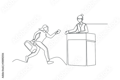 Continuous one line drawing woman with bag running and giving her ticket to airport clerk. Late concept. Single line draw design vector graphic illustration.
