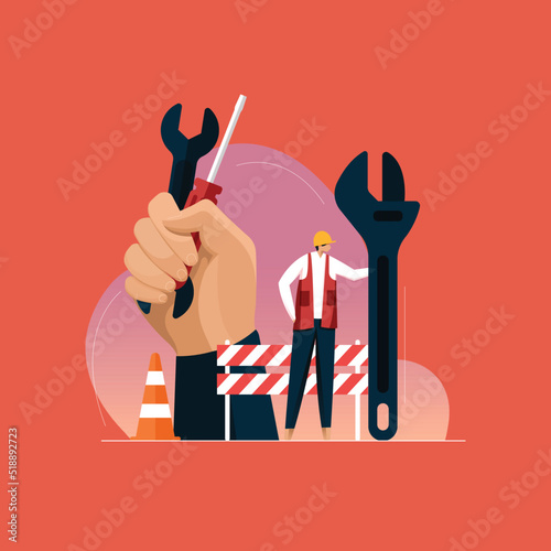  Happy Labor Day and Worker's Day concept, Hand Holding Wrench, Person Standing With Tool kit