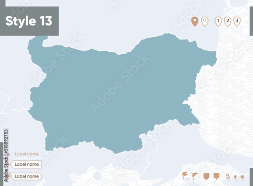 Bulgaria - map with water, national borders and neighboring countries. Shape map.