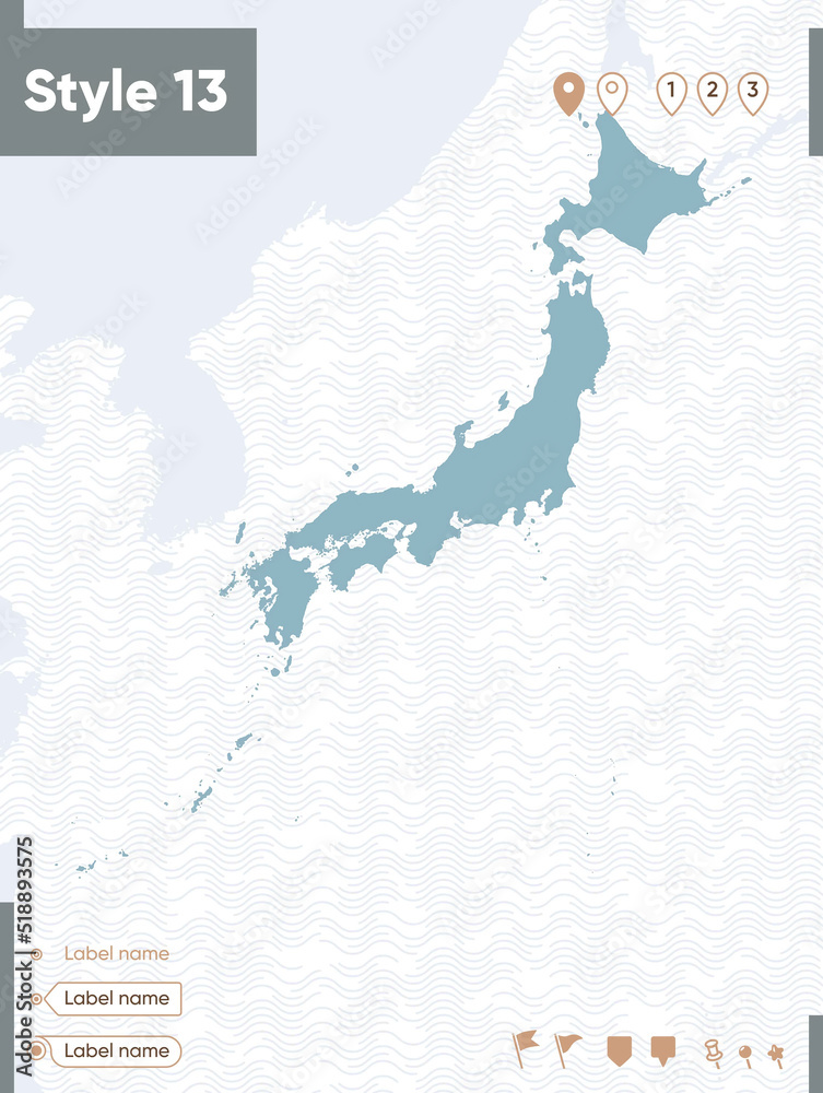Japan - map with water, national borders and neighboring countries. Shape map.