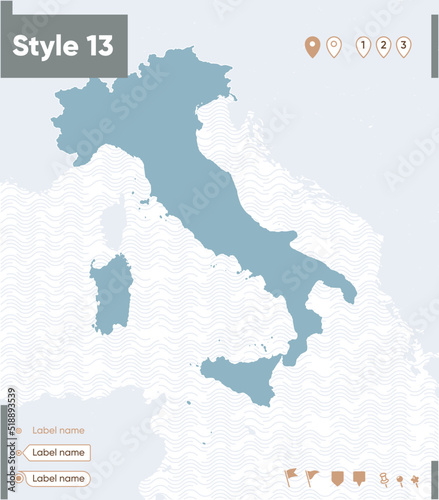 Italy - map with water, national borders and neighboring countries. Shape map.