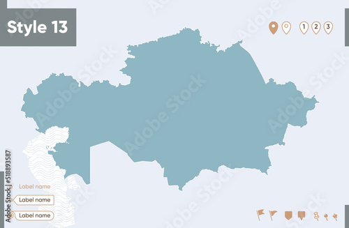 Kazakhstan - map with water, national borders and neighboring countries. Shape map.