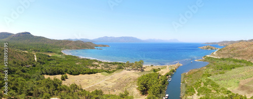 Aerial panoramic view of the river in the green mountains at Aegean Sea